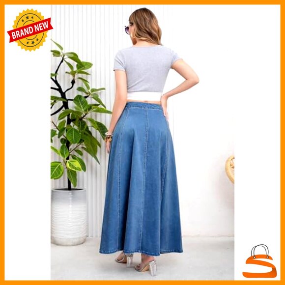 High Waisted Button Fly Flared Denim Maxi Skirt Pleated Swing A-Line - Picture 5 of 7